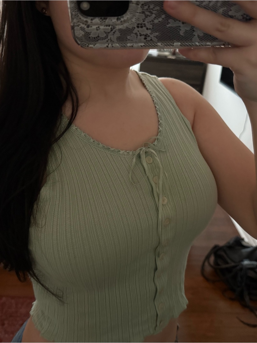 Light Sage Ribbed Button-Front Crop Tank Top - Picture 2 of 5